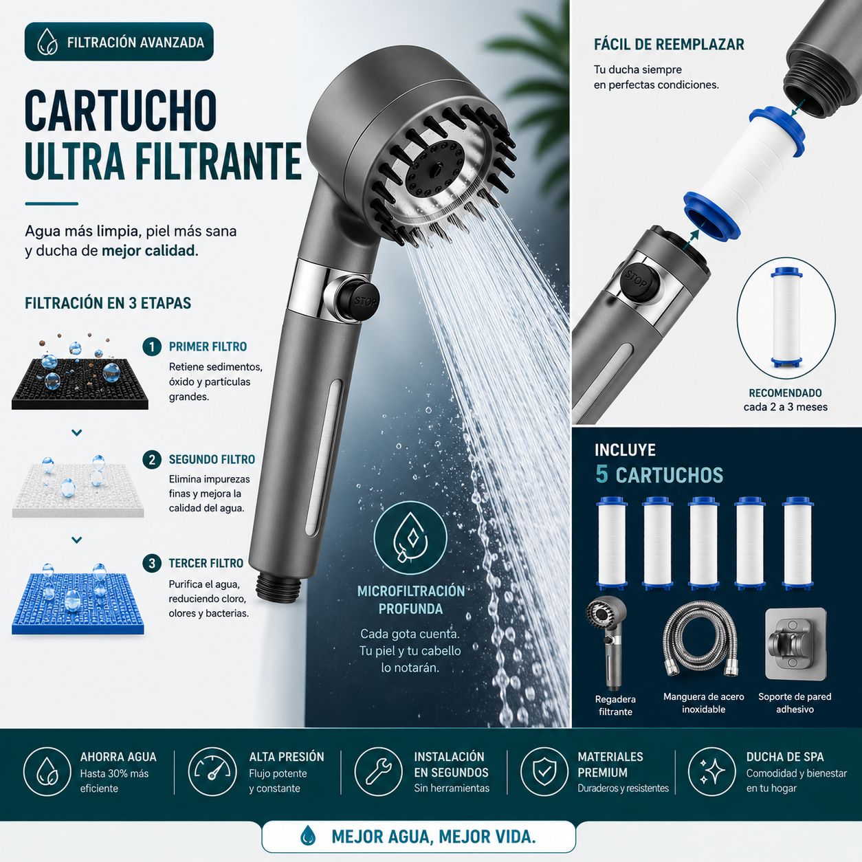 Regadera Turbo de Alta Presión con Filtro